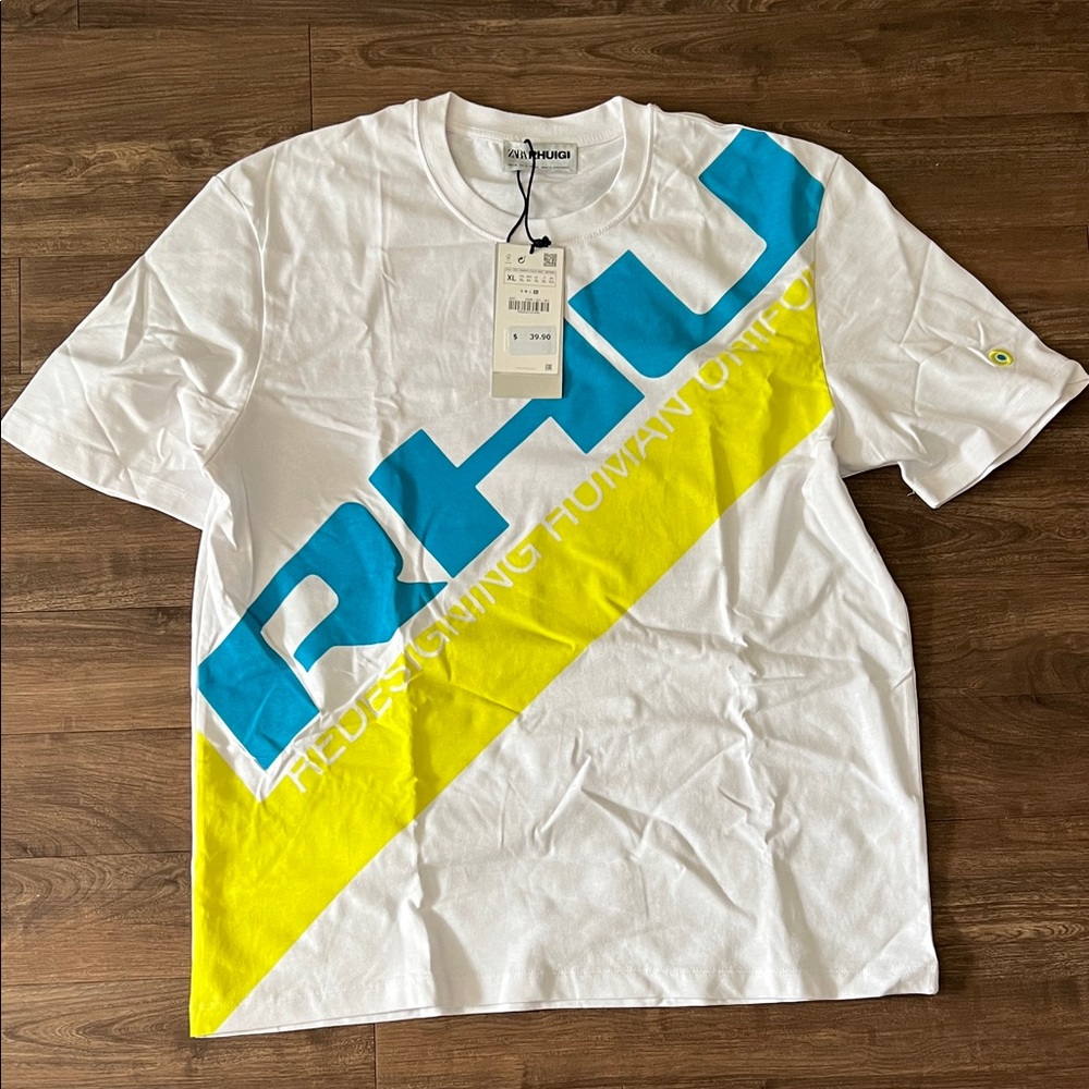 Rhude White Short Sleeve Tee with Blue Logo and Yellow Diagonal Panel